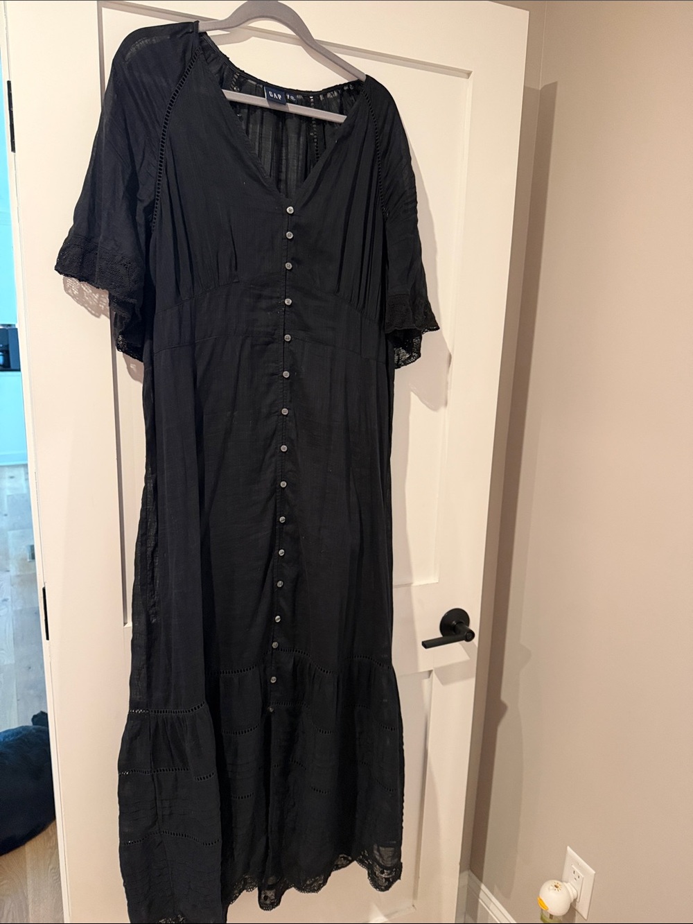 GAP Black Button-Front Maxi Dress with Lace Trim